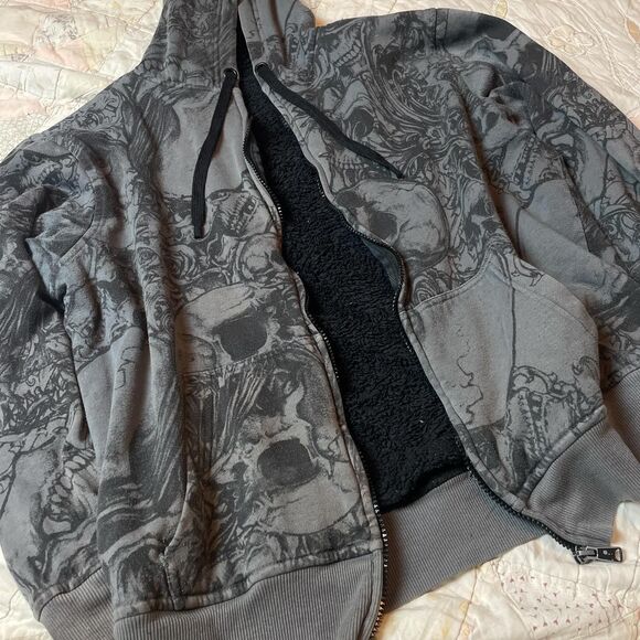 faded glory vintage y2k oversized skull print fleece lined hoodie medium - Picture 3 of 7